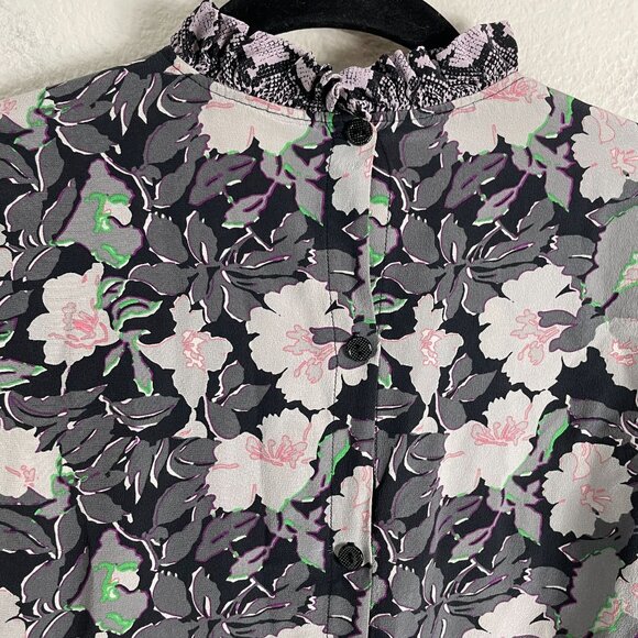 Rebecca Taylor Womens 4 Mix Floral 100% Silk Blouse Long Sleeve Ruffle High Neck - Picture 11 of 11